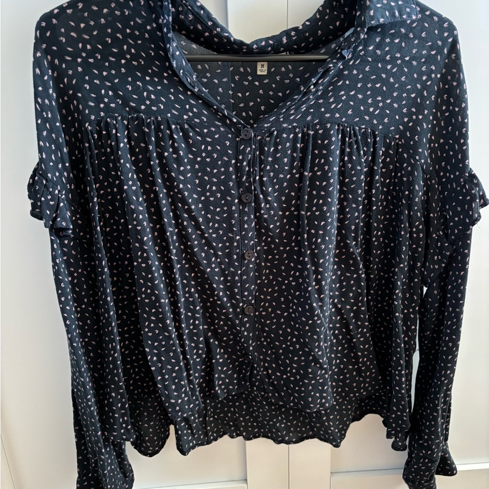 Navy & light pink Ruffled Notched Collar Blouse